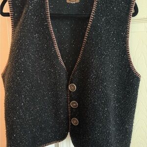 REI Black Tweedy Button Front Vest with Brown Trim